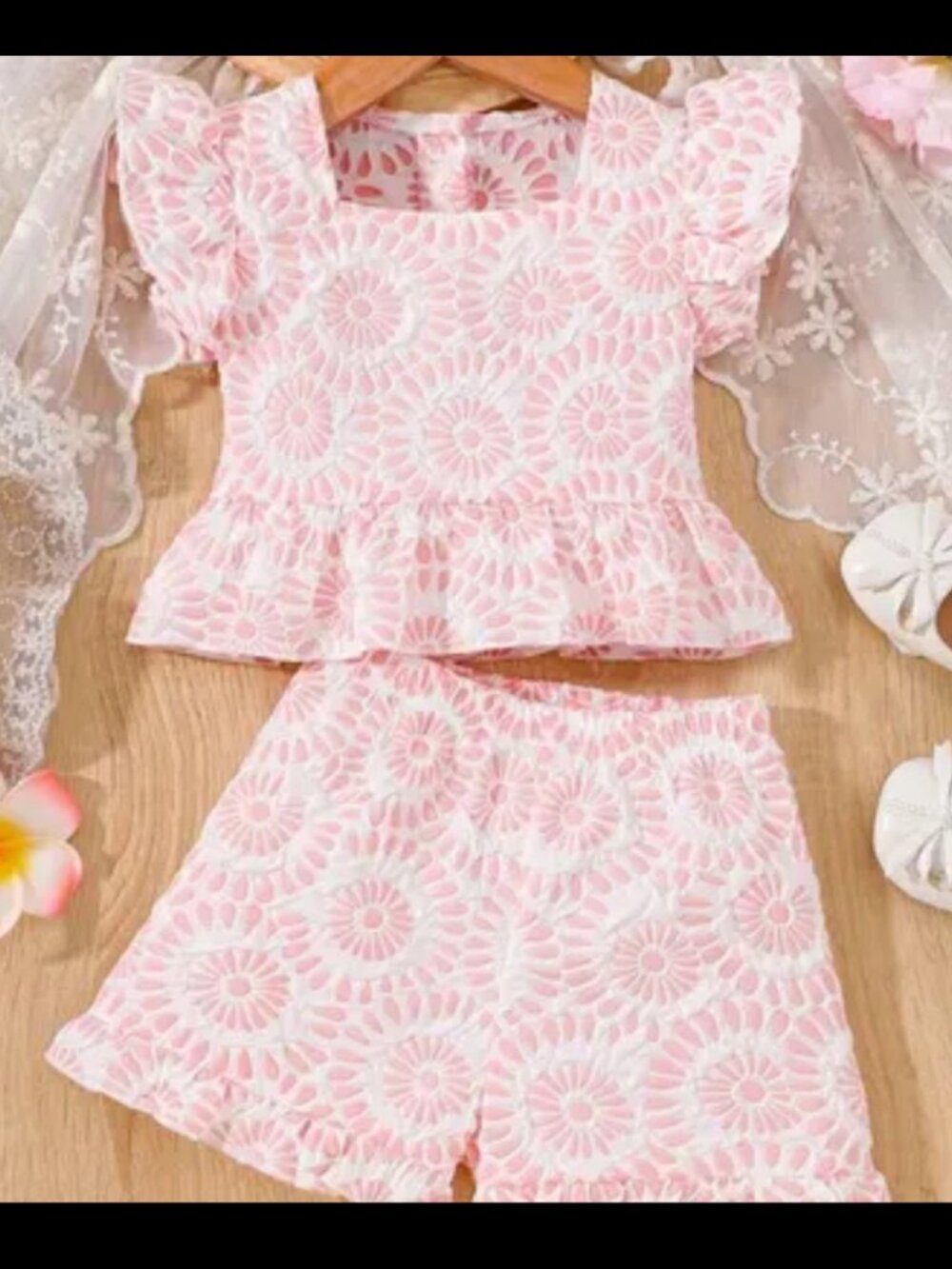 New Baby Girls Pink Floral Print Ruffle Short Set Size 2-3Y
